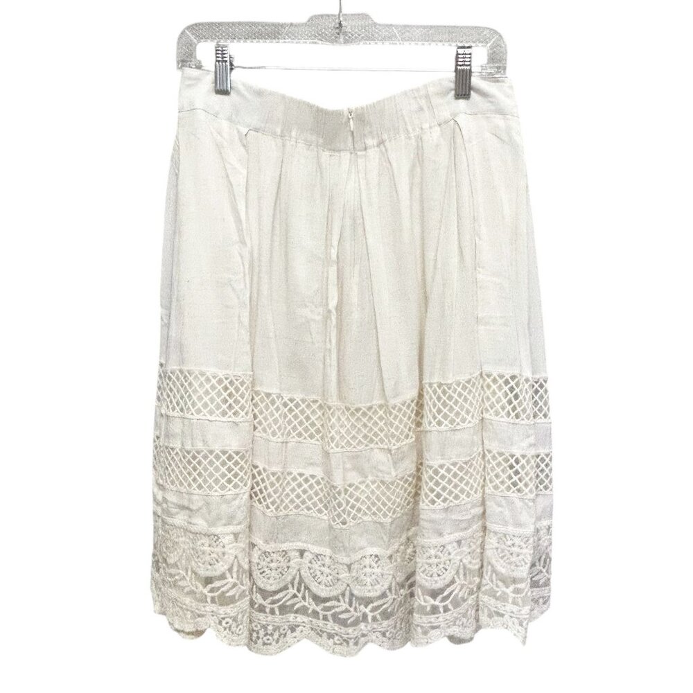 Vintage-Inspired Lace Inset Boho Midi Skirt | Cotton Linen | Size M